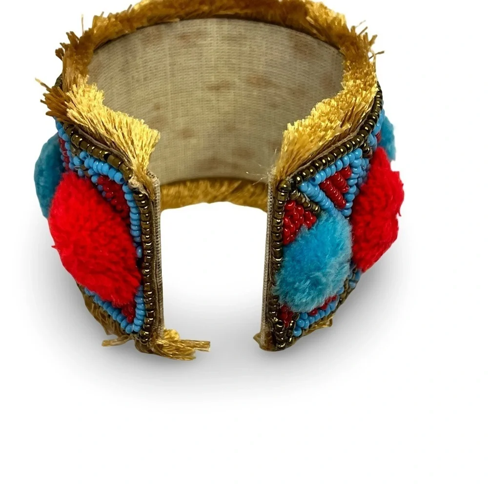 Colorful Beaded Pom-Pom Bracelet Blue and Red
